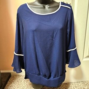 New York & Company Blue Relaxed Ribbed Blouse